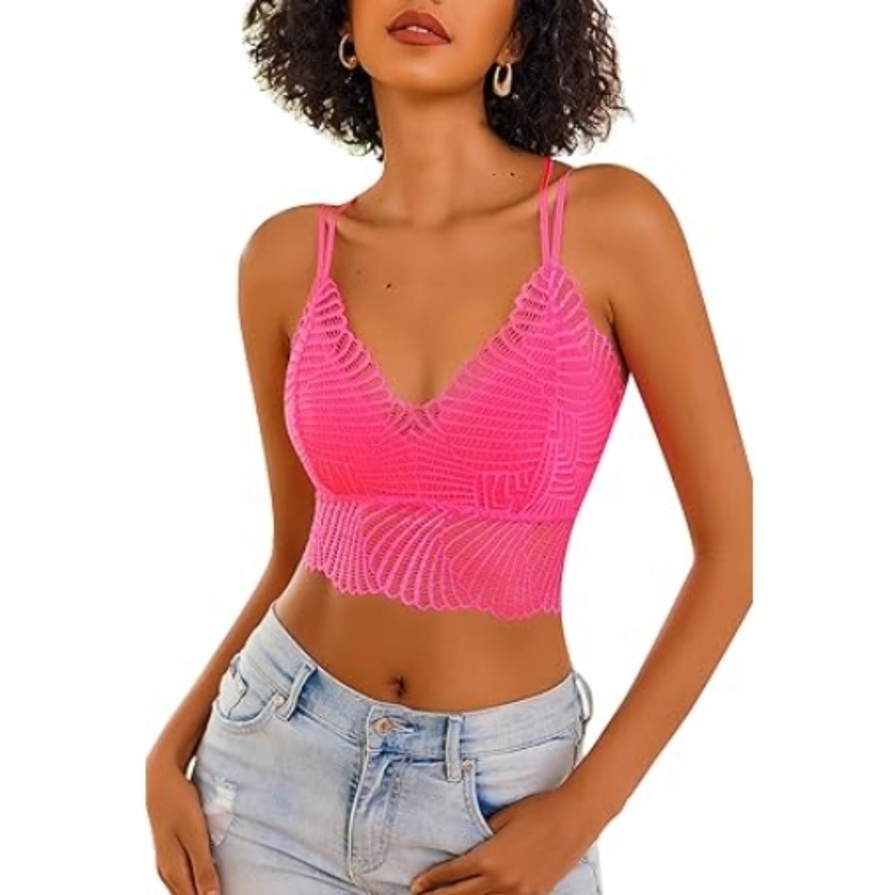 💕Lace Bralette V Neck Camisoles Racerback Adjustable Strap Crop Top Pink